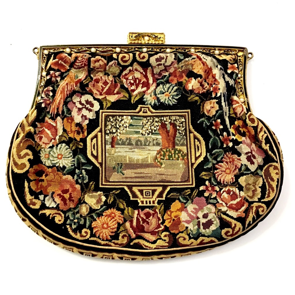 Tapestry w Flowers Birds & Trees Metal Frame Bag